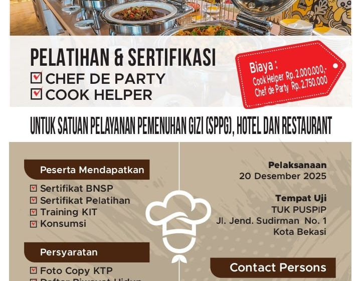 PUSPIP Buka Pelatihan dan Sertifikasi BNSP untuk Chef, Cook Helper, hingga Waiter